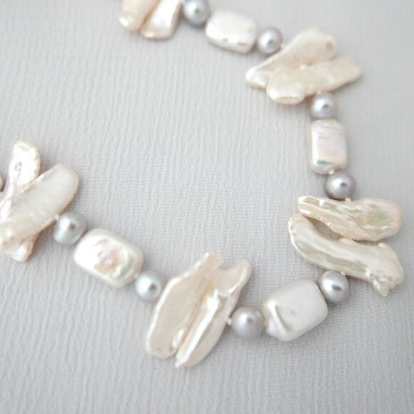 White and Grey Freshwater Pearl Single Strand Necklace - Sterling Silver - Picture 2 of 4